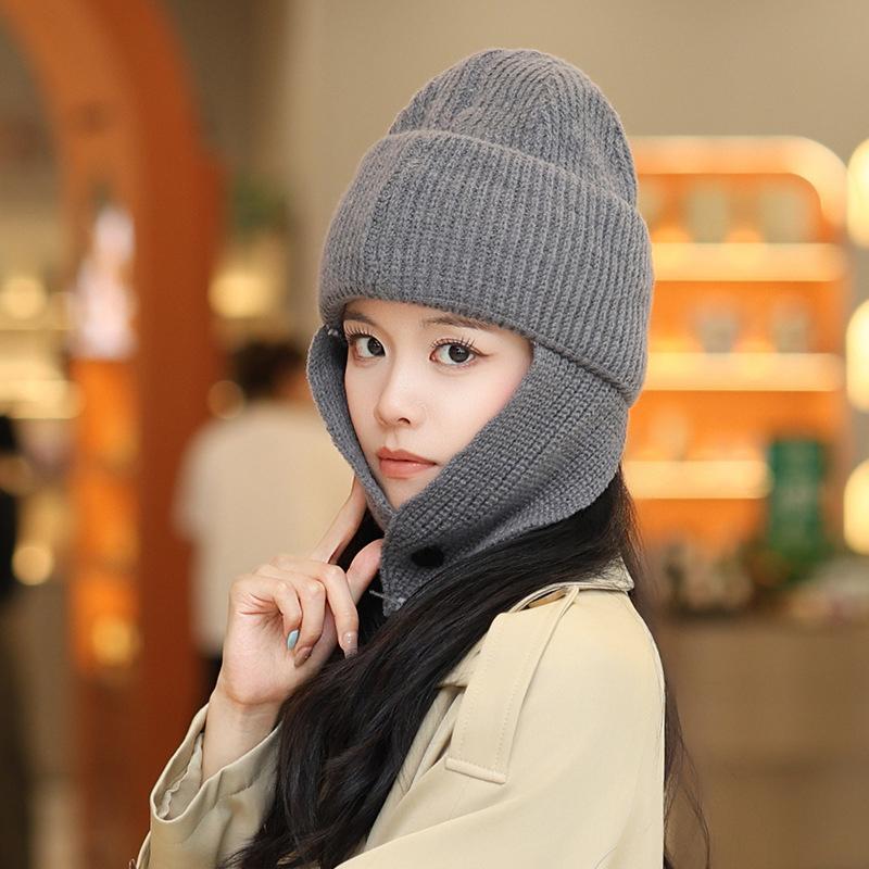 Korean Solid Color Earmuff Knitted Hat Winter Keep Warm Versatile Beanie For Women