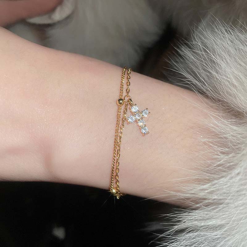 

Exquisite Double Layered Zircon Cross Bracelet for Women Girls Fashion Geometric Circle Bead Bracelet Luxury Jewelry Gifts