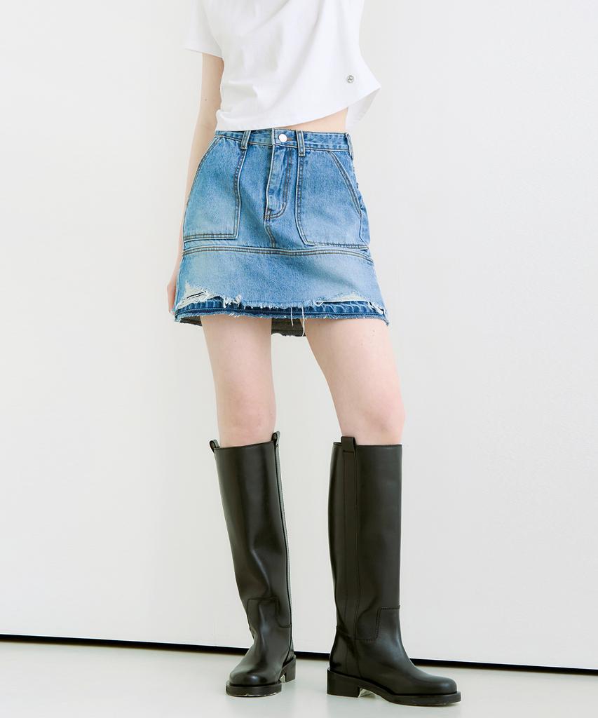 Adowl Tier Vintage Damaged Denim Mini Skirt - Blue