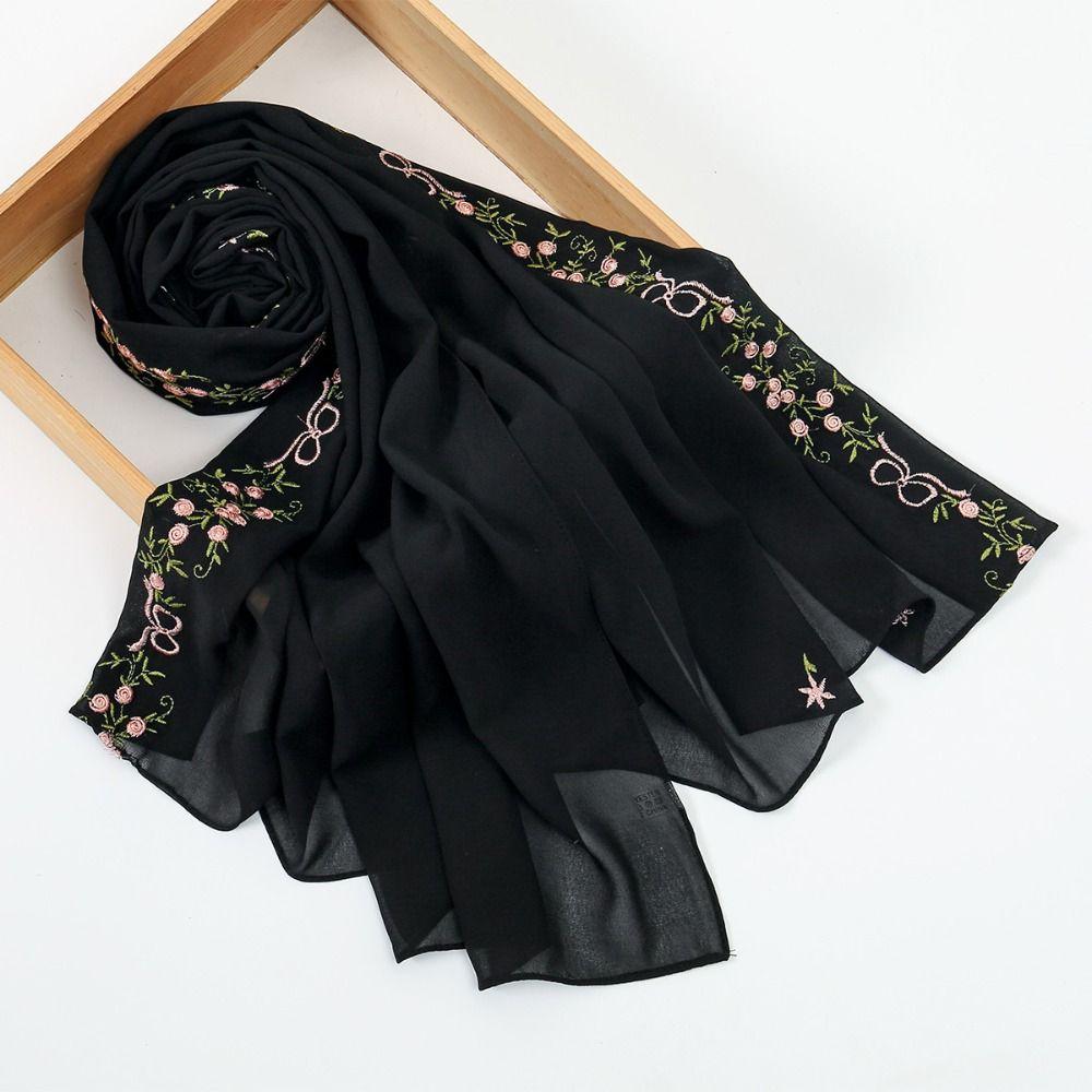 Chiffon Material Ramadan Hijab Scarf Floral Embroidery Summer Femme Shawl Daily Events