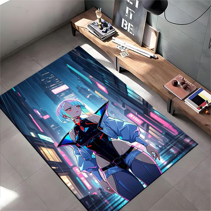 Cyberpunk Girl Neon City Scene suitable as a non-slip mat for the living room or bedroom sofa