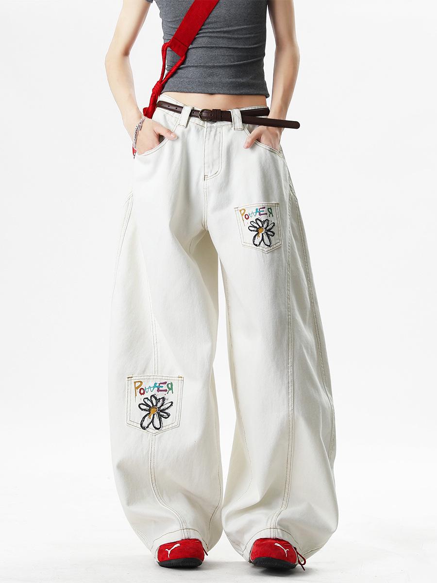 

Unisex White Wide-Leg Jeans: Autumn/Winter Floral Print with Curved Legs S [83-93 lbs]