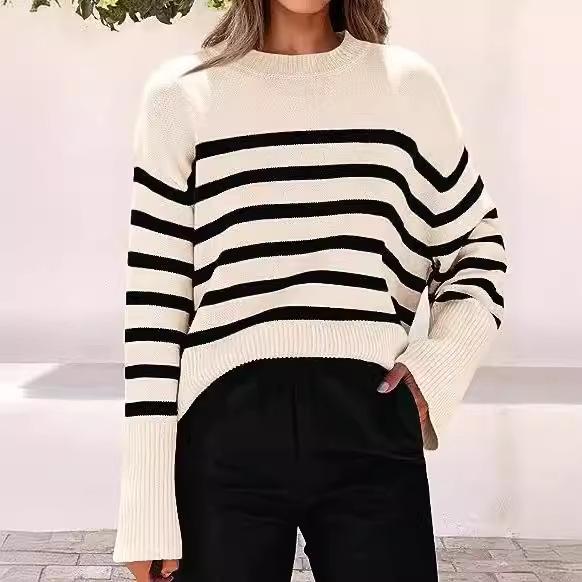 Autumn and Winter Hot Sale European and American Fashion Striped Loose Fat Sleeve Women's Knitted Sweater
