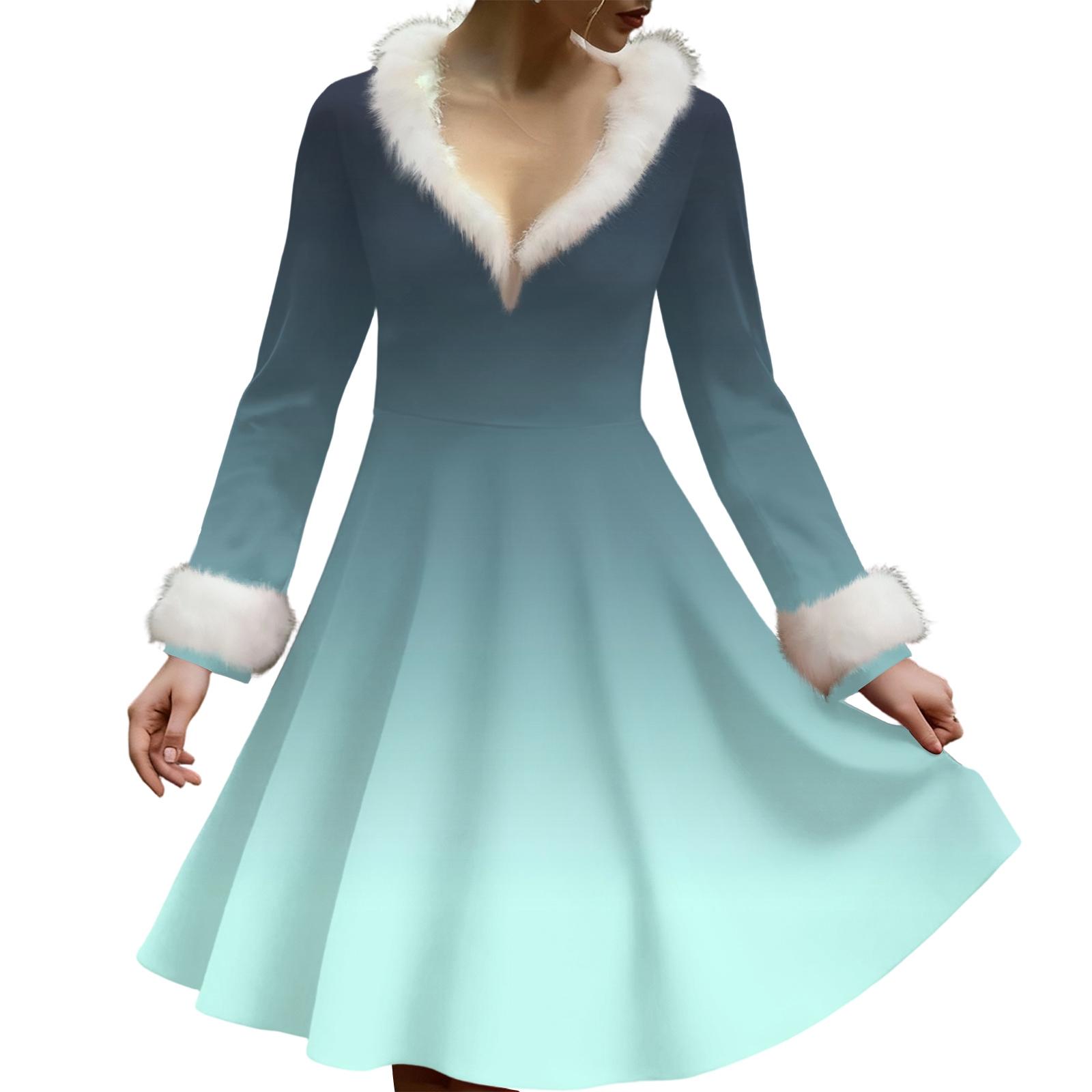 

Женское повседневное платье с V-образным вырезом, рождественским принтом, плюшевыми длинными рукавами M