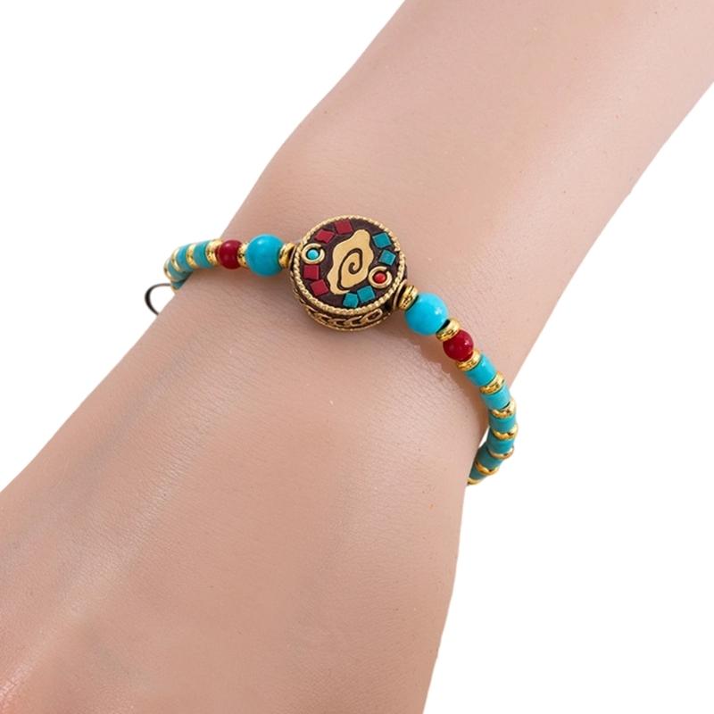 Nepalese Handwoven Tibetan Style Adjustable Bracelet Featuring Alloy Beads And Natural Turquoise Stone For Cultural Fashion Accessories