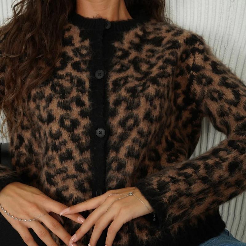 Leopard Print Knit Cardigan Women's Loose O-Neck Long Sleeve Casual Color Block Sweater Fashion Button Cardigan Top Y2k