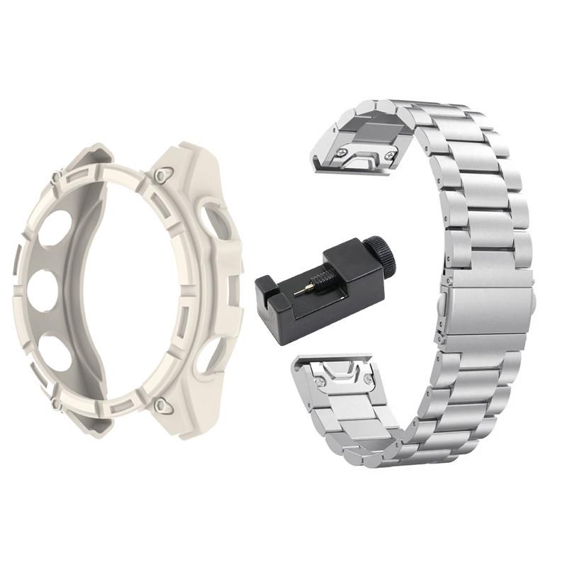 Quickfit Stainless Steel Watch Strap + Protection Case for Garmin Tactix 8 Instinct 3 Descent G2/G1