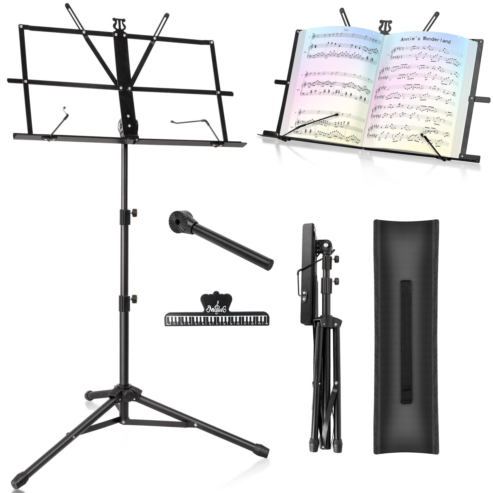

New Bee Folding Music Adjustable Height Desktop Stand with Music Clip and Storage Black MS21 Stand, (70-135cm), Bag,