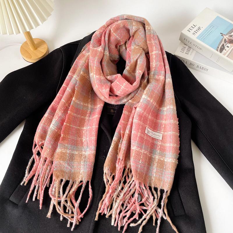 Korean Maillard pink plaid scarf women's autumn and winter new high-end atmosphere warm couple scarf