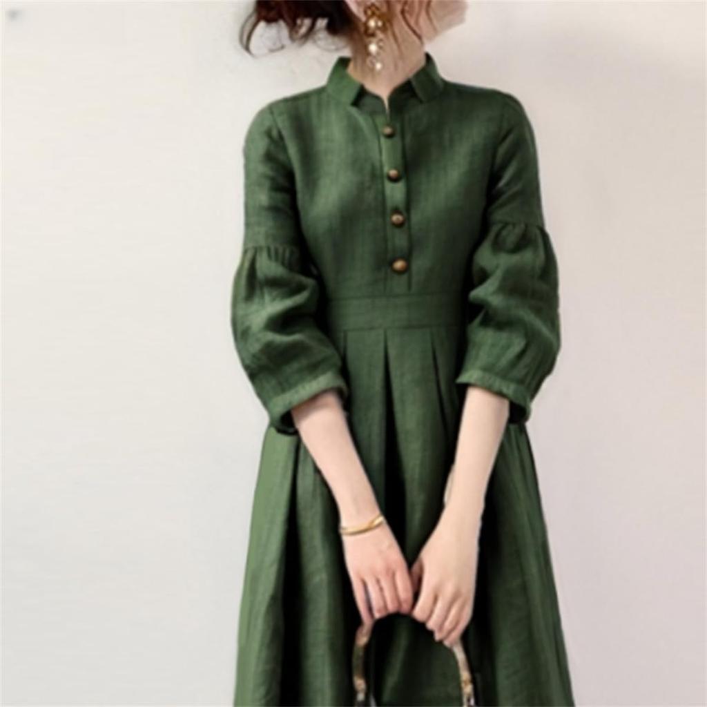 [YUANYUAN] Women's One-Piece Dress, Autumn Clothes, Long Length, High Waist, Long Sleeves, Maxi Length, Solid Color, Gathered, Pleated, Flared, Cute,