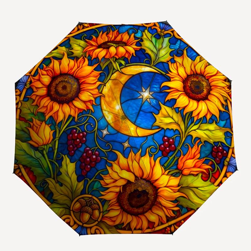 1pc Sunflowers, Moon, Stained Glass Umbrella with Plastic Handle,Compact & Stylish,Suitable for All Seasons YS331093