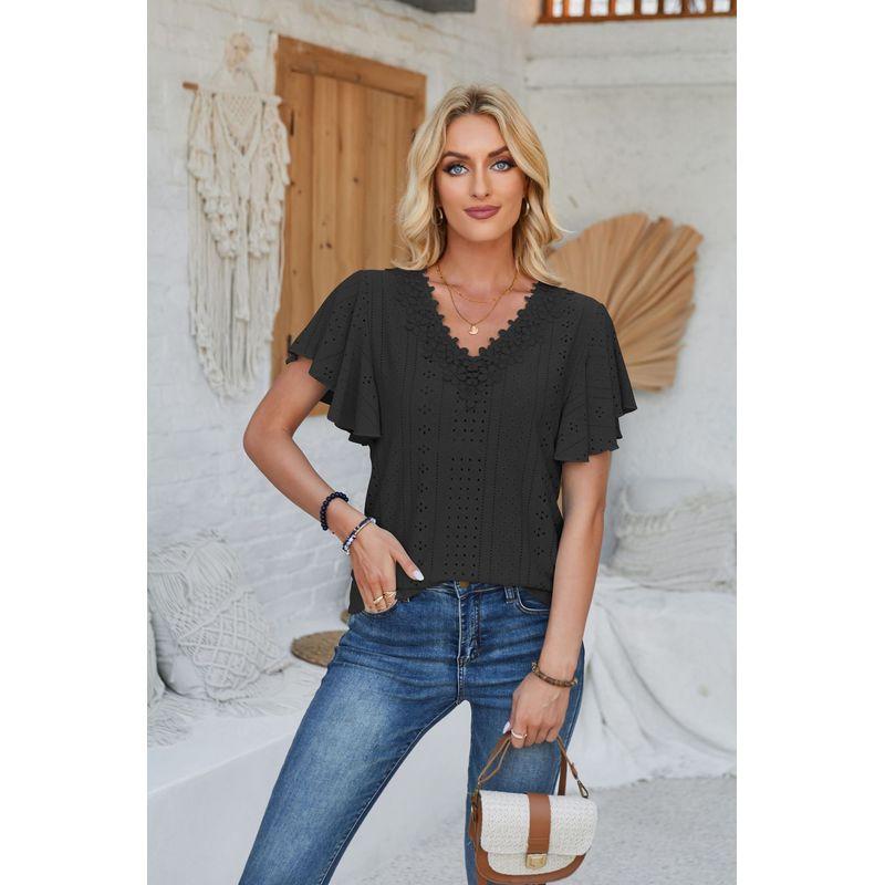 Lace V-neck T-shirt with Lotus Leaf Sleeves Lace V-neck Ruffle T-shirt