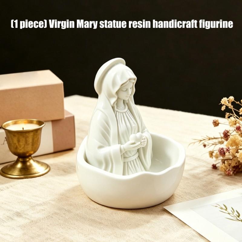 Holy Mother Statue White Resin Figurine Sculpture for Religious Christian Occasion Rosary Holder Home Church Decors Ornament