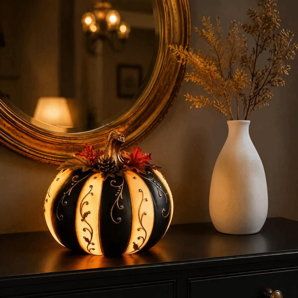 Goldenes Muster Kürbis Dekoration Schwarz Weiß Gestreiftes Design Halloween Ornament Heimdekoration
