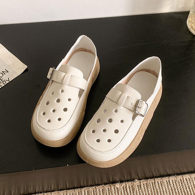 2025 Summer New Hollow Single Shoes Women's Summer Comfortable Two Wear Muffin Thick-soled Hole Shoes Soft Leather Bag Head Single Shoes
