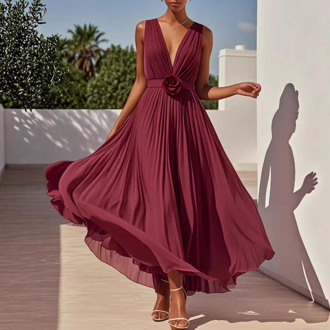 

2025 European & American Women s Deep V-Neck Pleated Dress with Large Hem X-Large вино красного