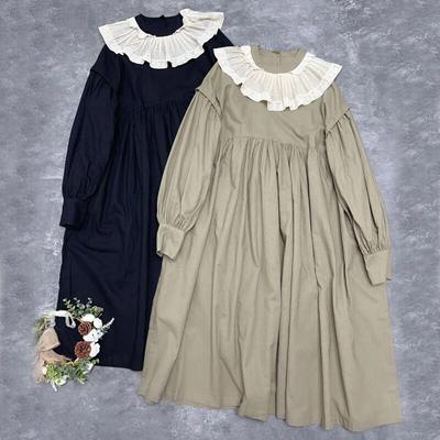 Japanisches Mori-Kleid für Damen, Rüschenkragen, Baumwollkleid, Vintage, lange Ärmel, lässig, locker, einfache Taschen, Frühlingskleid