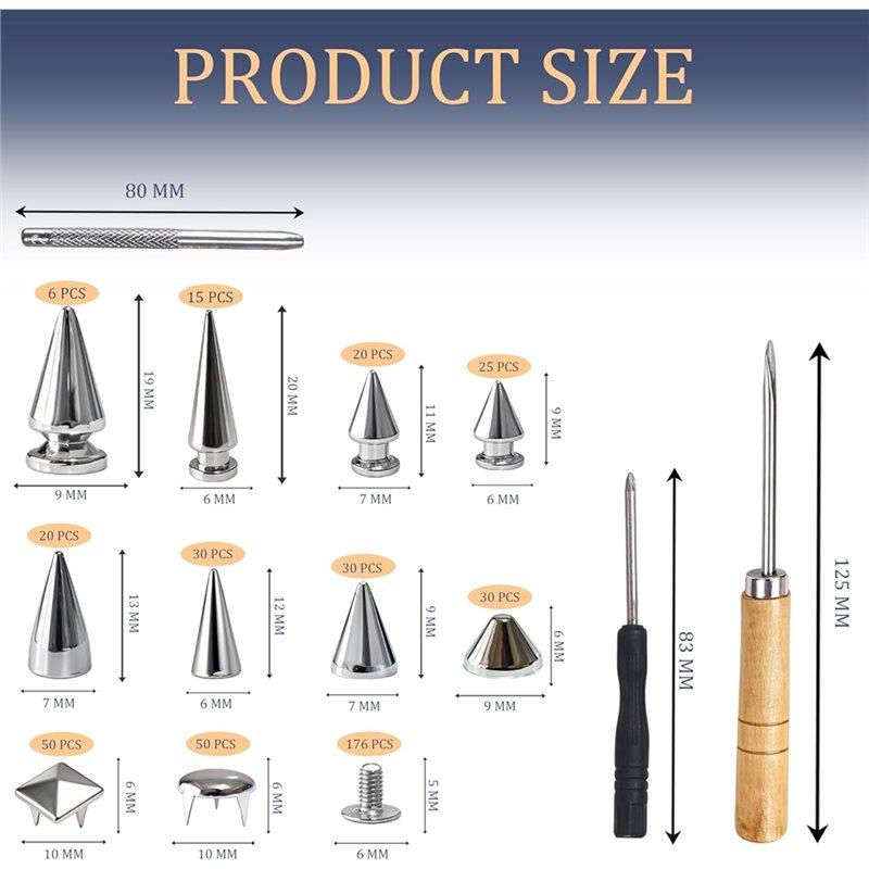 CYCLI-Metal Cone And Square Studs 455 Pcs Punk Spikes And Studs Kit, 10 Sizes For Clothing And Leathercraft