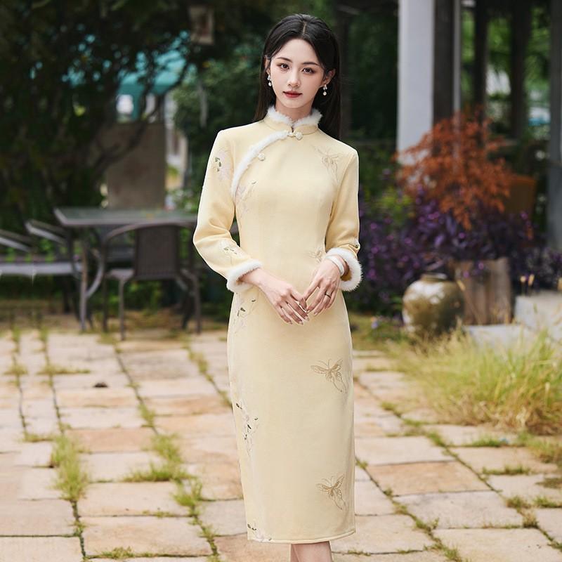 Womens Long Sleeve Winter Velvet Embroidered Cheongsam Dress Retro Style Warm Lined Plus Size Small