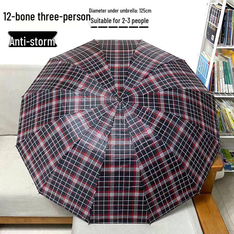 Extra Large Ten-Bone Water-Repellent Plaid Umbrella - British Style for Men & Women, Double/Triple Use