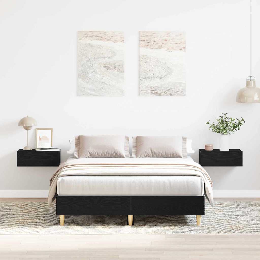 Bed Frame Black Oak Effect 193 X 143 X 25 Cm Engineered Wood