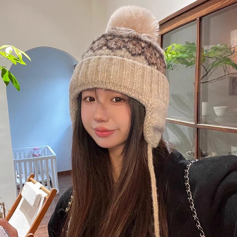 Fair Island wind wool hat women's autumn and winter retro versatile big head circumference warm knitted hat showing face small ear protection hat