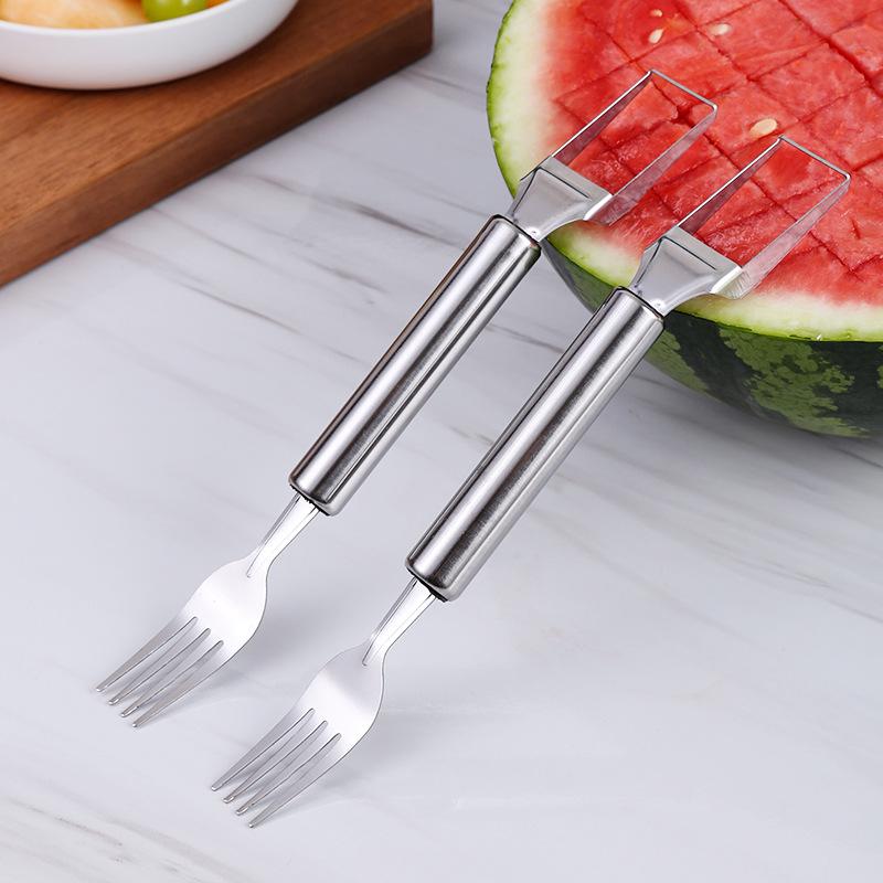 Stainless Steel Watermelon Slicer & Dicer with Fork & Spoon - Home Use Melon Cutting Tool & Meat Scooper
