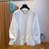 Women Spring and Autumn Design Thin Splicing Sweatshirt Vintage Solid Color Round Neck Top