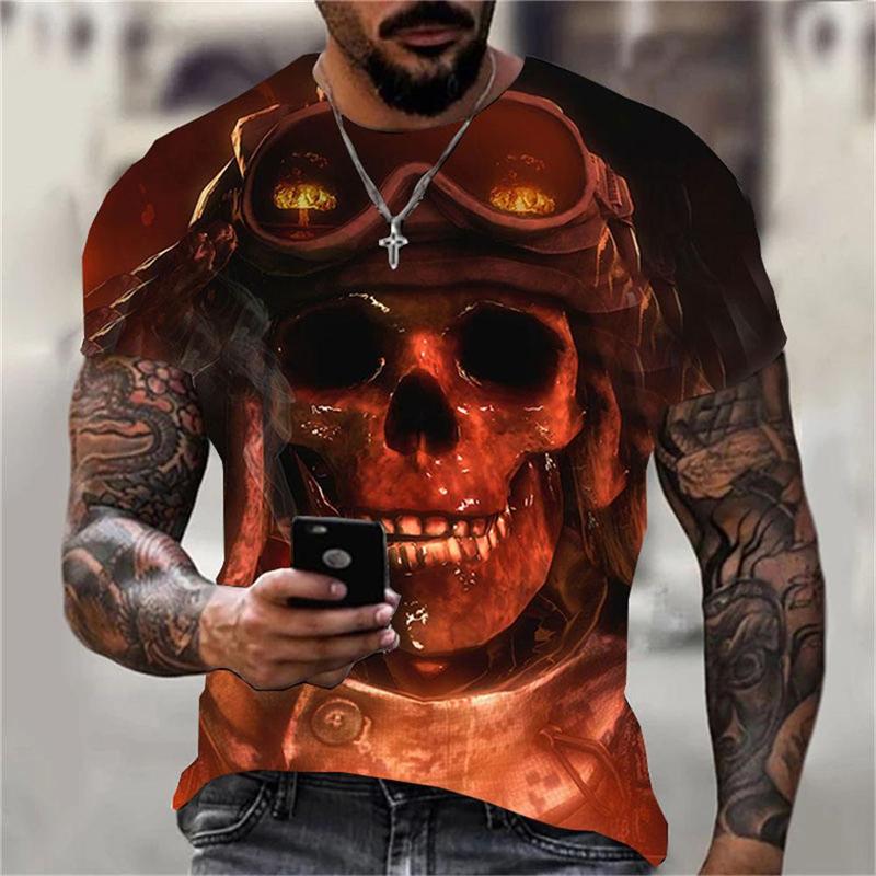 Summer Round Neck 3D Horror Skull Graphics Print Top Fashionable Casual Short Sleeved Men's T-shirts