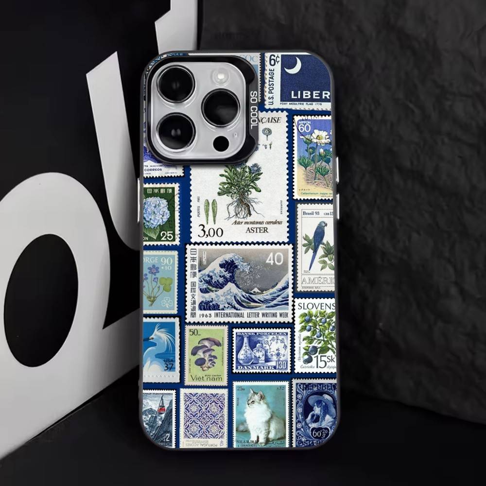Retro Stamp   Phone Case For iPhone 17,16,15,14,13,12,11 Plus,Pro Max,XS,Colored Silver Plated Inside Cover