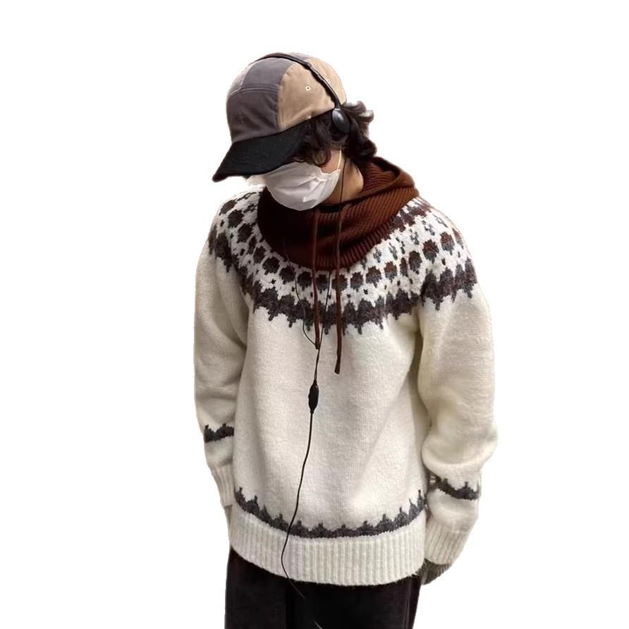 Retro Fair Isle Round Neck Jacquard Pullover - Trendy Loose Knitwear for Couples, Long Sleeve.