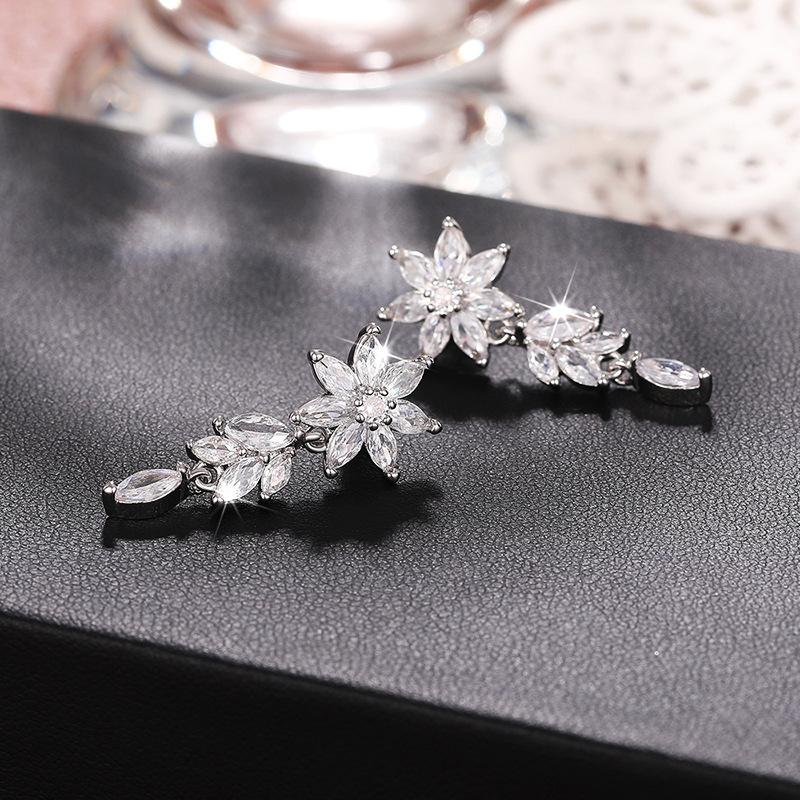 Silver Plated Marquise CZ Flower Drop Earrings, Sparkling Floral Leaf Dangling Earrings for Women