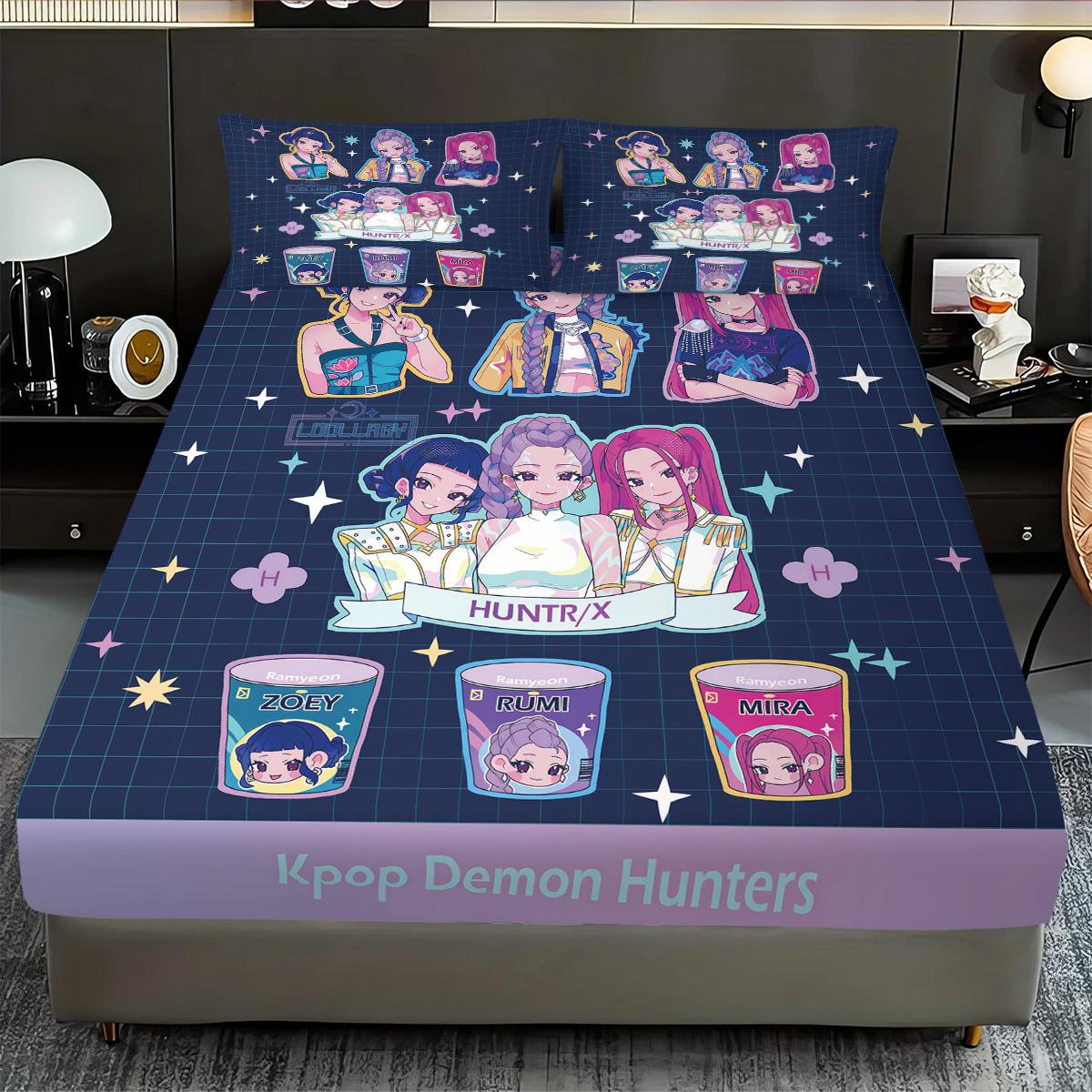 

3 шт. K-Pop Охотники на демонов Принт Бессердечный Комплект простыней на резинке Разные размеры Мягкое покрывало для кровати Декор для спальни Машинная стирка 90x200cm