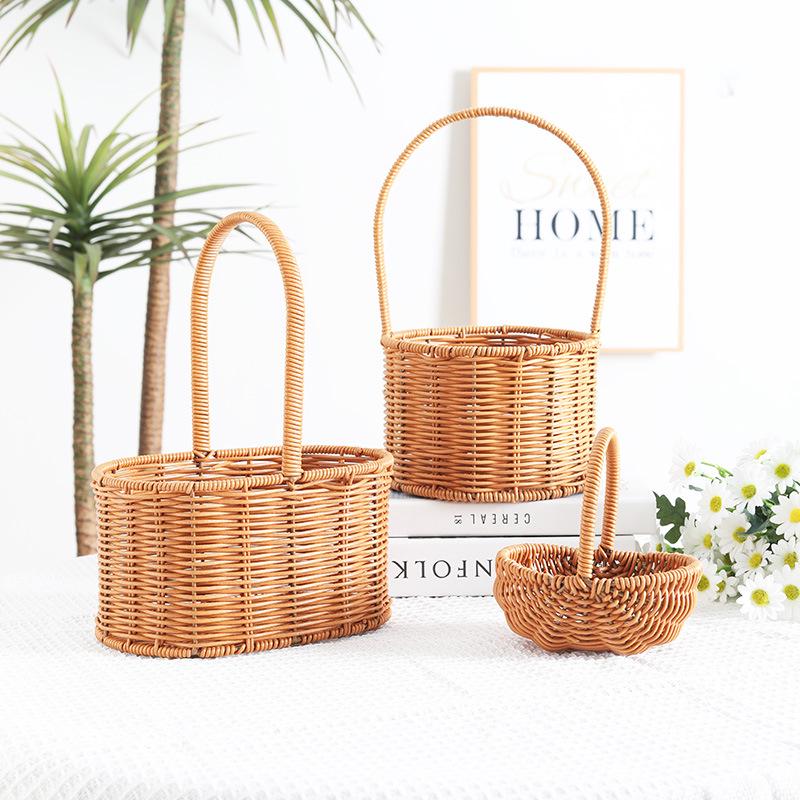 Coș cu flori împletit și coș de picnic pentru Ziua Femeii - Ratan imitație, șnur din piele, decorațiune pentru casă și utilizare portabilă