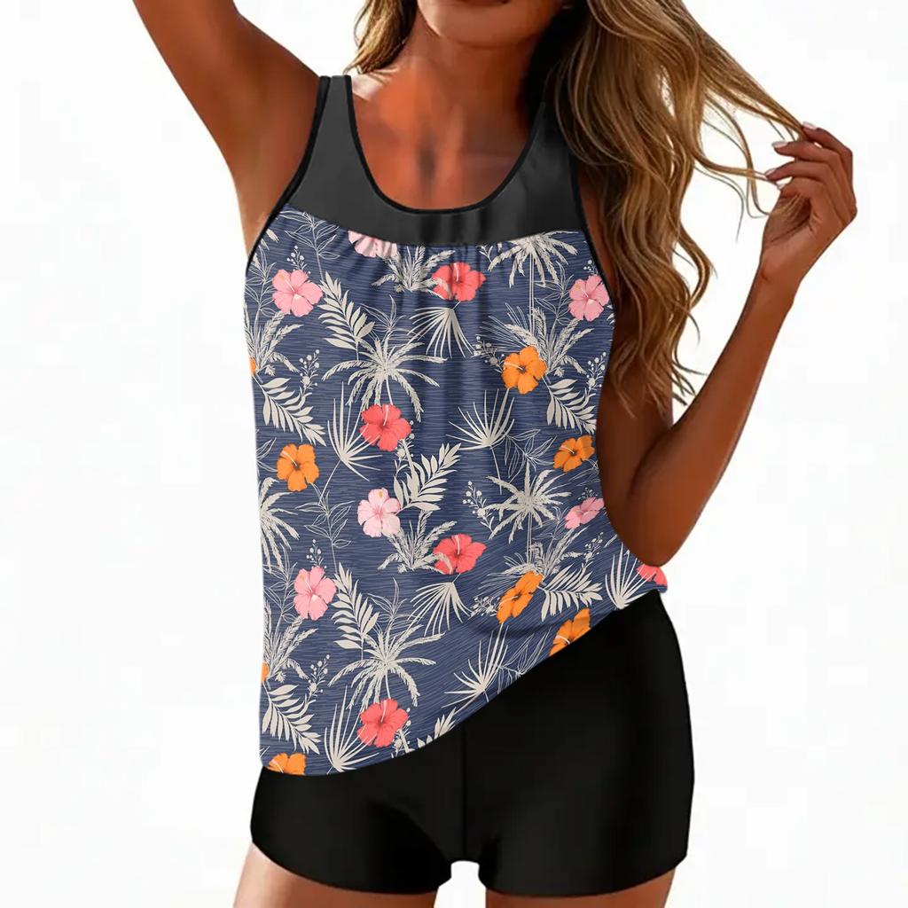 Women's Two Piece Tankini Swimsuit Hawaiian Floral Print Sleeveless Sporty Swim Top with Shorts Beachwear