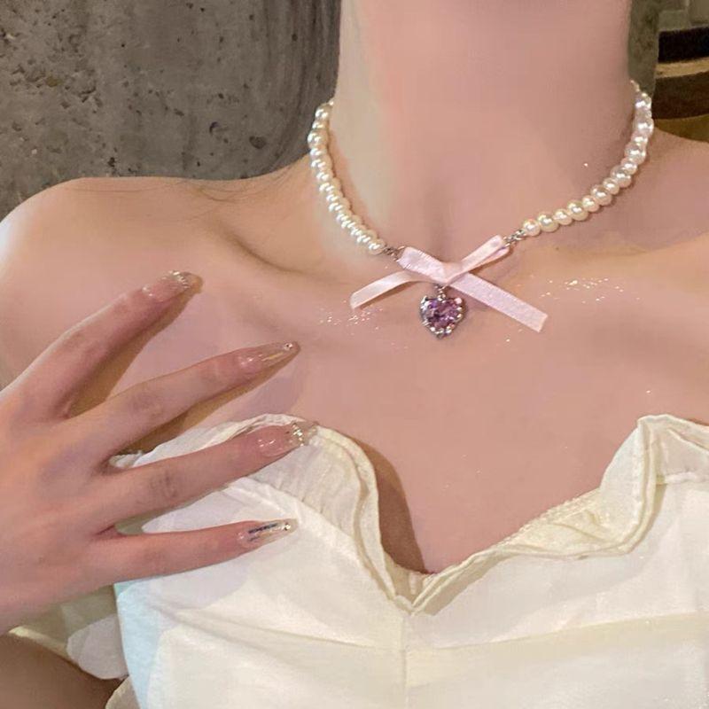 Sweet love lace stacked bow necklace camellia girls summer light luxury niche collarbone neck chain