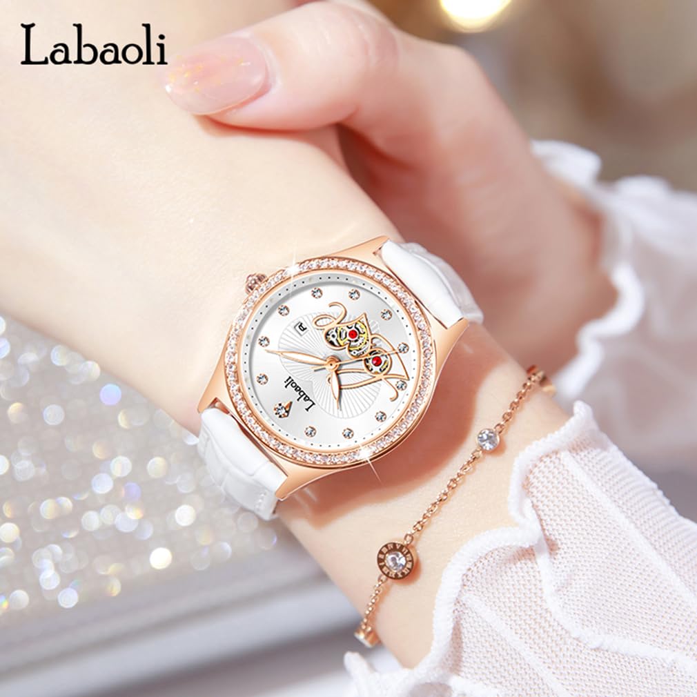Love Watch Diamond Wristwatch with Leather White Women's Strap, Stylish, Waterproof, Simple, Business, Cute, Casual, Luxury, Gift,