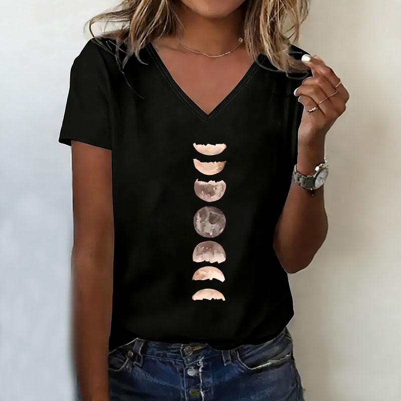 Moon print V-neck T-shirt, casual and fashionable Harajuku T-shirt XS