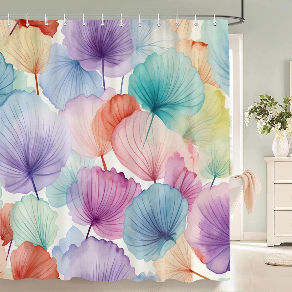 1Pcs Watercolor flower and plant leaves printed fabric waterproof shower curtain, home decoration bathroom curtain, with hooks