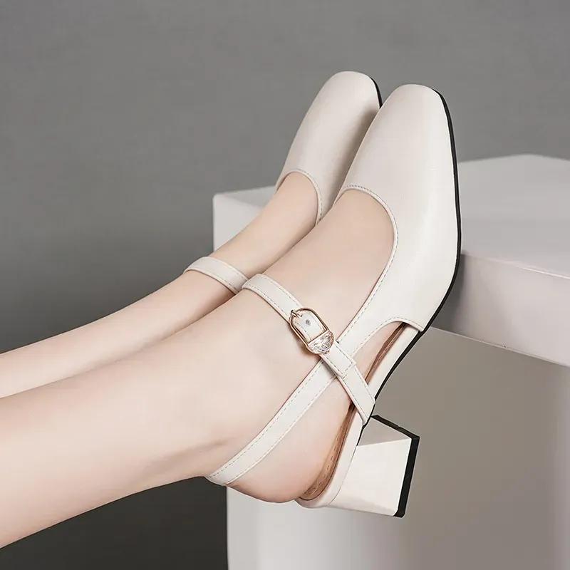 Women Fashion Elegant Plus Size Beige Patent Leather Spring Slip On Square Heel Shoes Lady Cute Black Footwear Ab564