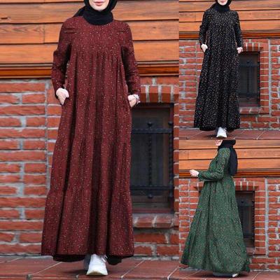 Vestidos Florais Musulmanos Casuais de Moda Feminina com Gola Redonda e Manga Longa