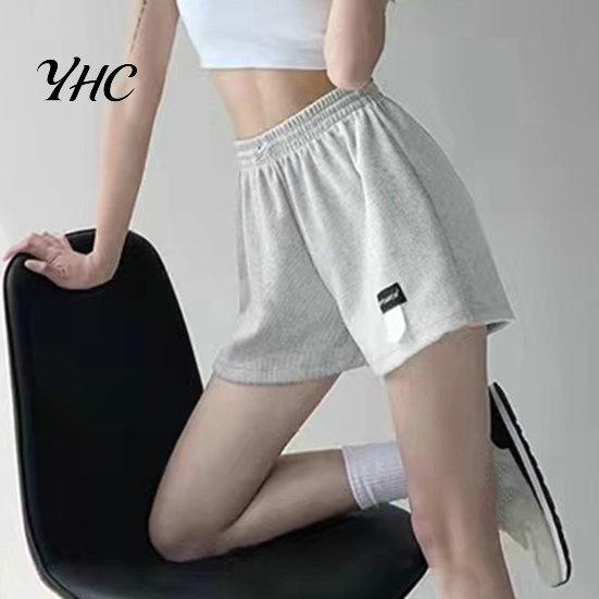 Loose Bottoms High-Waist Elastic Waistband Pockets Waffle Texture Women Shorts Fitness Wide Leg High Waist Sports Streetwear