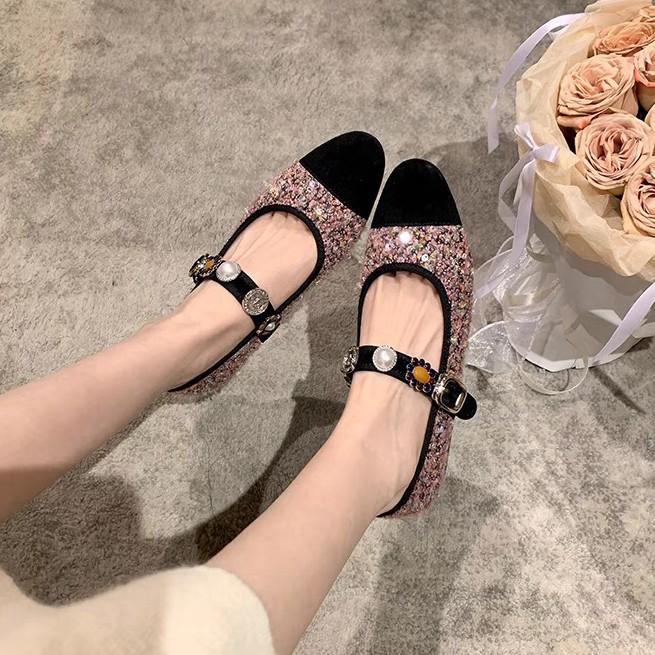 Sheepskin Version of the Same Princess Anne Xiaoxiangfeng Tweed Badge Buckle Mary Jane Single Shoes Women's Banquet Wedding Shoes