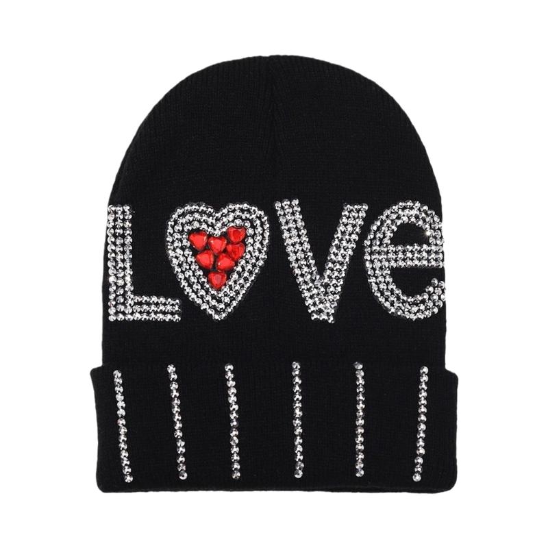 InsStyle Soft Hat Knitted Rhinestone LOVE Letter Beanies Hat Handmade Hat Breathable Pullover Hat Street Photoshoots Cap