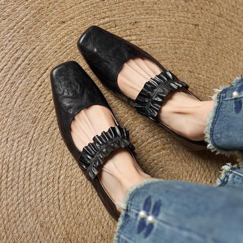 

New women s casual single shoes comfortable beef tendon soft sole four seasons small leather shoes women s square head one pedal low heel large size 40