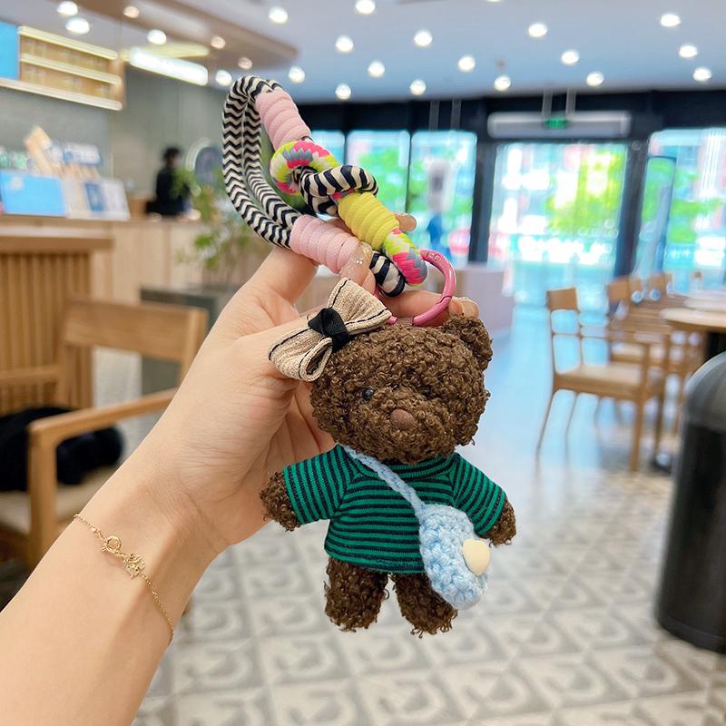 Adorable plush bear car keychain cartoon striped T-shirt cute crossbody bag loop bear pouch accessory couple gift