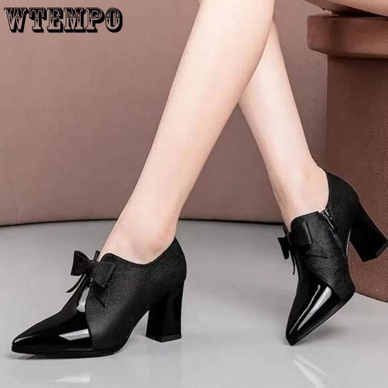 Chaussures en cuir noires à talons hauts de 4CM, bottes en cuir pointues à talon épais pour femmes, décoration papillon, chaussures de travail de tempérament et de mode
