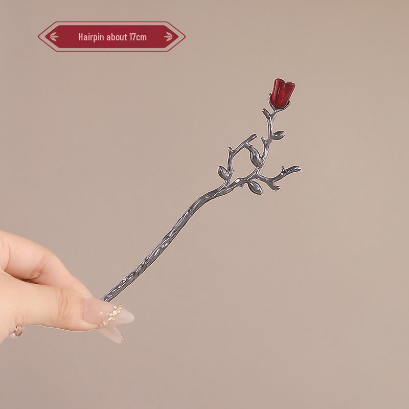 Elegant Red Rose Tassel Hairpin - U-shaped Hair Accessory for Women, Perfect for Updos and Traditional Attire.