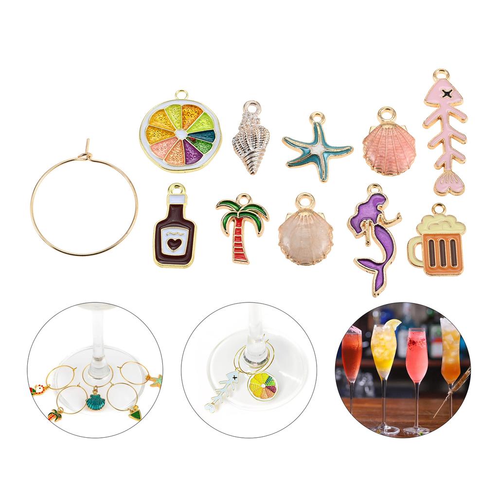 10pcs Beach Themed Wine Glass Charms for Stem Glasses Markers Drink Markers Tags Glass Identifiers for Party Weddings Home Bar