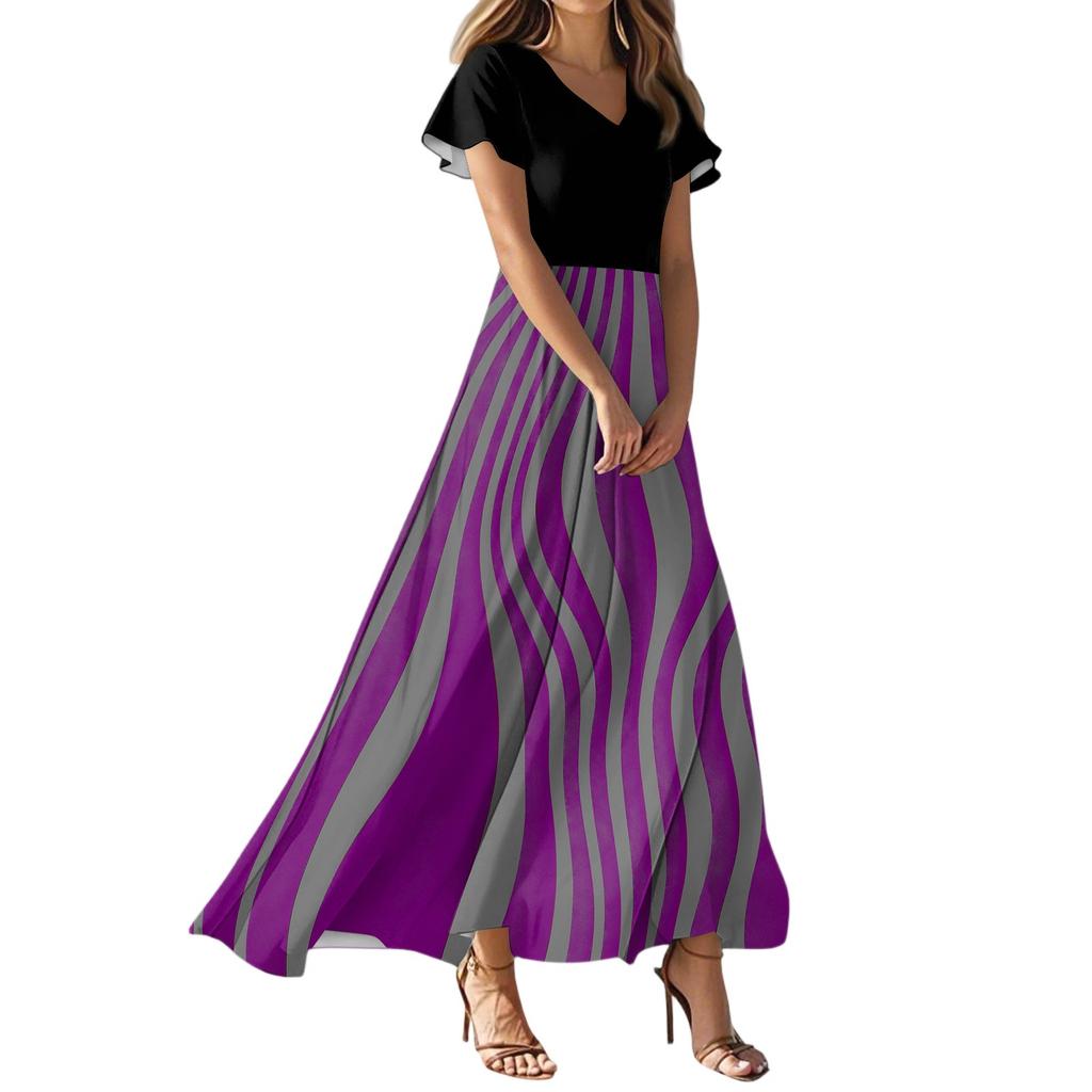 Women's Summer Casual Fashion Striped Printed Dress V Neck Short Sleeve Dress